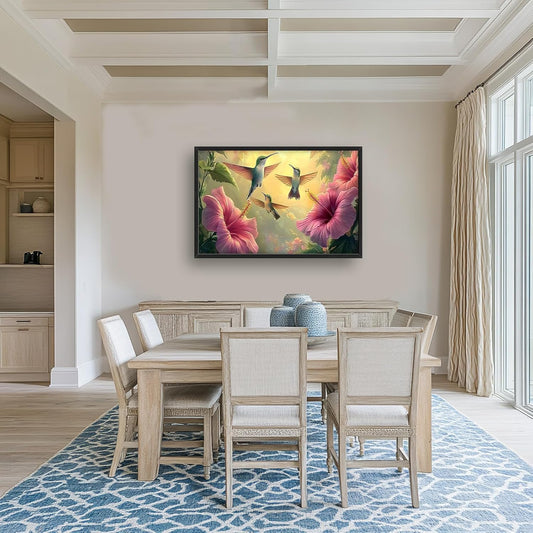 Framed Large Hummingbird Wall Art for Living Room, Oversized Rustic Bird Flower Wall Decor Floral Canvas Painting Nature Sunrise Pictures Modern Artwork for Bedroom Office Dinging Room 36"x24"