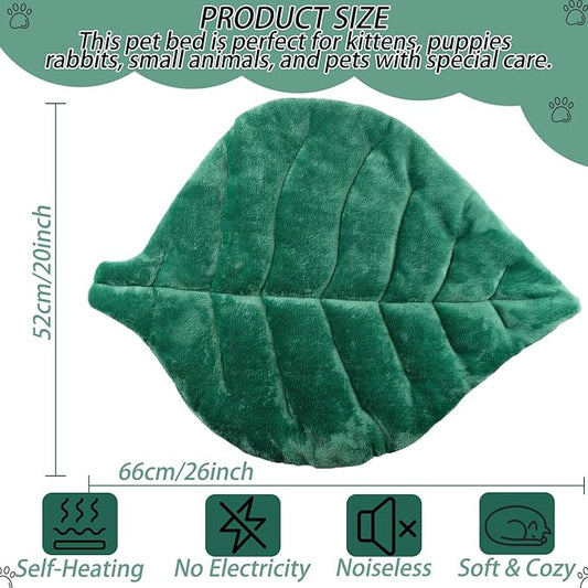 Leaf Shaped Self-Warming Cat Bed Mat – 26"x20" Flannel & Cotton Pet Pad, Warm Pet Cat Mat for Indoor, Soft Kitten Cushion & Puppy Mattress (Green)