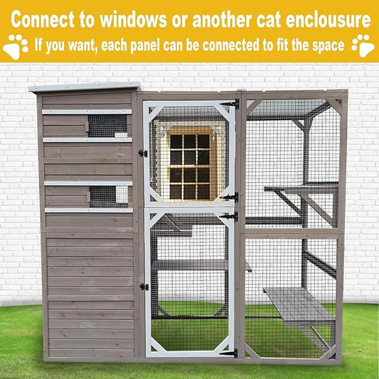 Large Outdoor Catio Enclosures - Wooden Cat House Weatherproof with Multi Platforms & Weather Resistant Roof, Indoor Interoperability - 71" H 77" L