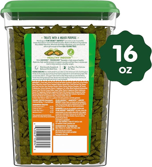 Greenies Feline Smartbites Healthy Indoor Cat Treats, Chicken Flavor, 16 oz. Tub