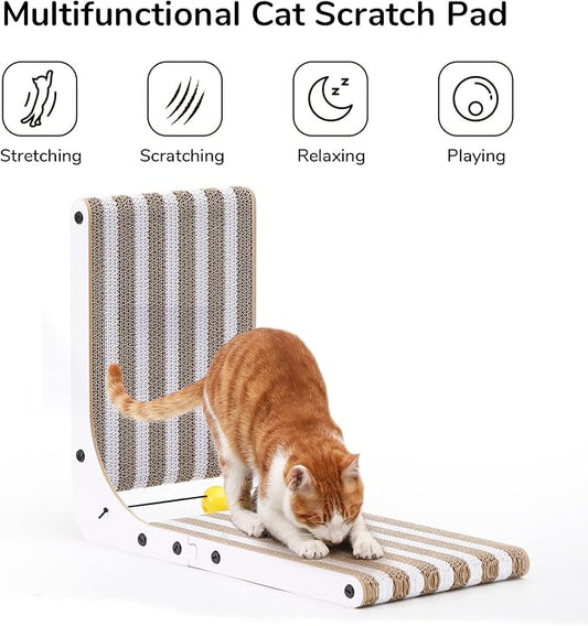 FUKUMARU Cat Scratcher, 18.9 Inch L Shape Cat Scratch Pad, Strip Pattern Cats Scratching Post Wall Mounted, Cardboard Cats Scratcher with Ball Toy for Indoor Kitty, Fun Playing Box Included, M