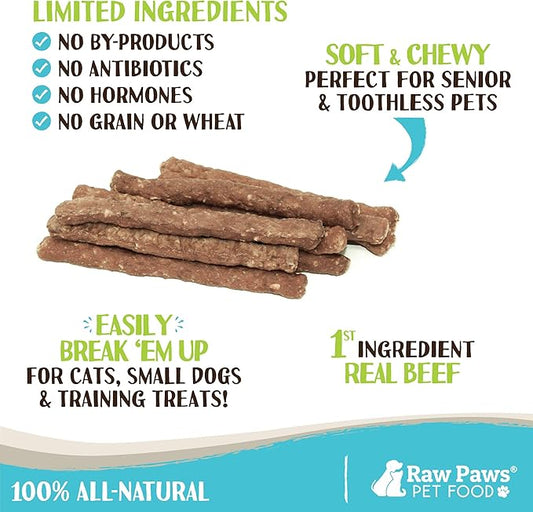 Raw Paws Grain-Free Soft Stick Treats for Dogs & Cats - Beef Recipe, 6-oz - Made in USA Beef Jerky Treats - Cat Sticks - Chewy Dog Jerky Treats - Dog Sausage - Soy, Grain Free