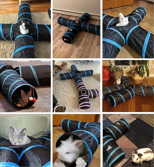 PAWABOO Cat Tunnel, Premium 4 Way Tunnels Extensible Collapsible Cat Play Tunnel Toy Maze Interactive Tube Toy Cat House with Pompon and Bells for Cat Puppy Kitten Rabbit, Black & Light Blue