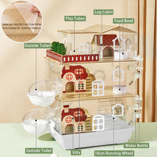 17 in 1 Clear Acrylic Hamster Cage with All Accessories,13.5''L* 10''W* 21''H Dwarf Hamster Cage,Magnetic Connection Small Hamster Enclosure,Garden Style Wooden Mouse Cage for Pet Mice(3-Layer,White)