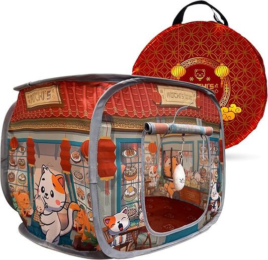 Capnip Cat House & Tent for Indoor Cats – Pop-Up Cat Tent House with Catnip Toy, Restaurant Theme for Cats & Kittens, Mochi’s Dim Sum Palace