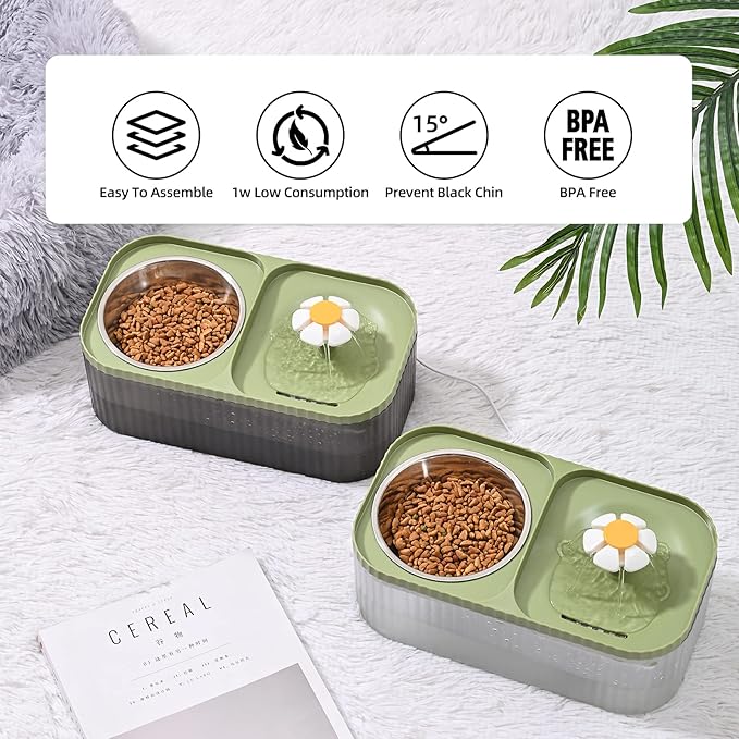 Cat Water Fountain and Food Bowl, 3L/101oz Ultra Quiet Pet Water Dispenser with Smart Pump and 3 Replacement Filters, Automatic Flower Fountain & Stainless Steel Bowl (Black & Green)