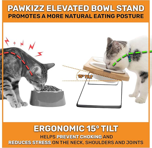 Elevated Cat Bowl Stand for Food and Water – Anti-Vomit Raised Feeding Station with Tilted Stand – Removable Round Ceramic Bowls, Anti Slip Bamboo Base, Dishes for Cats, Kitten, Small Dogs & Puppies