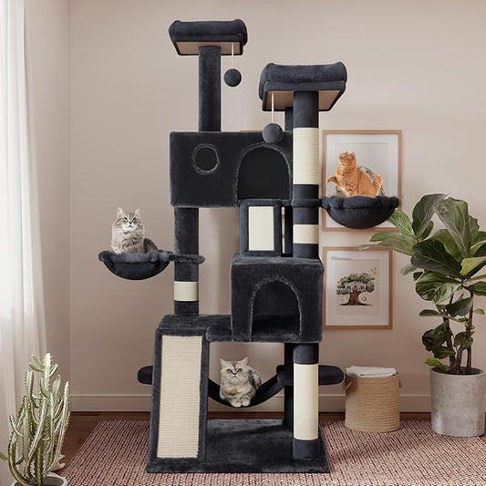 SHA CERLIN 65in Larger Cat Tree Tower Condo for Indoor Kitties/Multi-Level Furniture Activity Center with Wide Base/Cozy Plush Cat Perches/Baskets/Sisal Scratching Posts and Hammock/Dark Grey