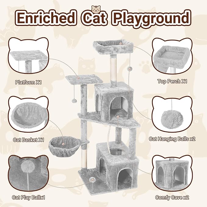 Cat Tree, 54-Inch Cat Tower for Indoor Cats,Plush Multi-Level Cat Condo with Scratching Posts, Basket, Perches,2 Caves,2 Pompoms(Light Gray)