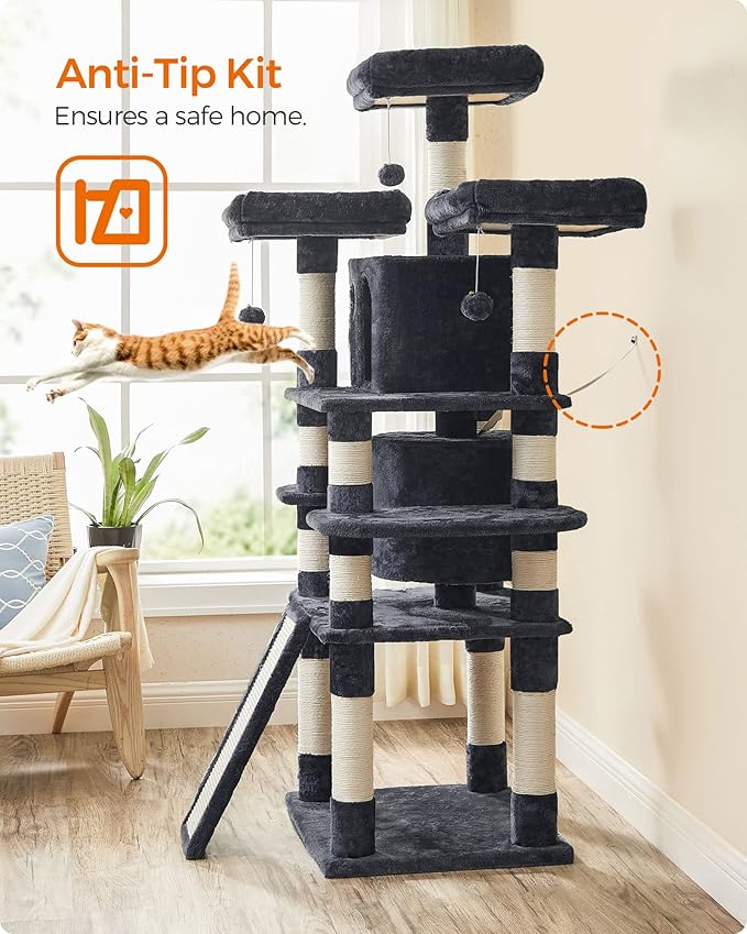 Feandrea 67 Inches Multi-Level Cat Tree for Large Cats, with Cozy Perches, Stable, Smoky Gray UPCT18G