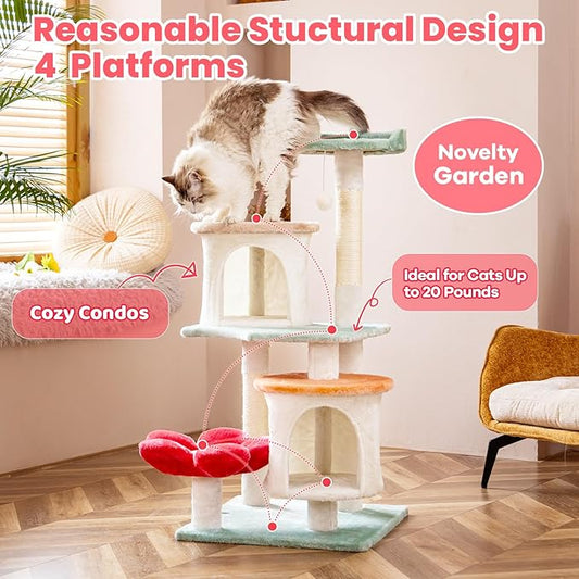 HYABi 42.7 inch Flower Cat Tree Tower Condo Furniture Apartment Plush Habitat Kitten Amusement Platform Multi-Level with Scratch Posts Toy Ball Pet House Play for Indoor Cats