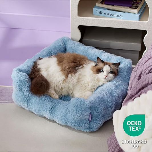 Lesure Fluffy Dog Beds for Puppy&Kitten- Orthopedic Rectangle Calming Pet Sofa,Fluffy Plush Bubble Bolster Cat Bed with Removable Washable Cover and Nonskid Bottom,20x19x6inches,Blue