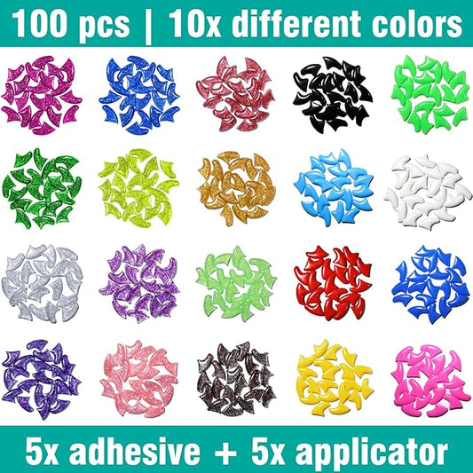 10x Colors / 100 pcs Cat Nail Caps | Cat Claw Covers with Adhesives and Applicators | Alpha (S)