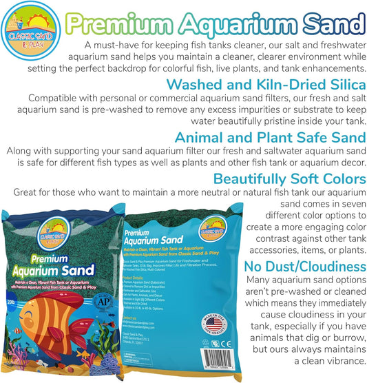 CLASSIC SAND & PLAY Natural Aquarium Sand for Freshwater and Saltwater Tanks, 20 lb. Bag, Improves Filter Life and Filtration Process, Pre-Washed Fine Sand, Green