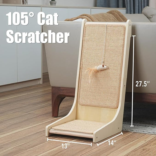 105° Cat Scratcher, L-Shaped Sisal Cat Scratching Pad for Indoor Cats, Floor-Mounted Scratch Board with Catnip & Interactive Mouse Toy