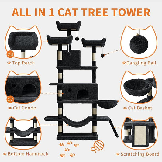 68.5 Inch Multi-Level Cat Tree, Plush Cat Tower with Condo/Sisal Scratching Posts/Hammocks/Basket/Dangling Ball/Platform, Heavy Duty Cats Tree to Play and Sleep, 2604#Dark Grey