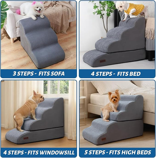 4-Step Dog Stairs and Ramp for Beds or Couches – Non-Slip Sturdy Pet Steps for Small Dogs and Cats,21" H,Grey