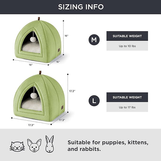 Bedsure Cat Beds for Indoor - 2 in 1 Cat Cave House Tent for Kittens and Small Pets with Removable Washable Cushioned Pillow, Foldable Kitten Hideaway with Non-Slip Bottom, Green, 17.3 inches