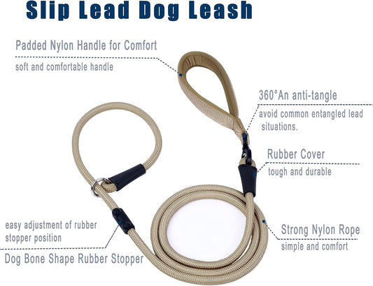 Slip Lead Dog Leash,Strong Nylon Rope Leash and Padded Handle,No Pull Outdoor Walking Training Lead for Small Medium Large Dogs(Light Military Tan, 1/2"×6ft)