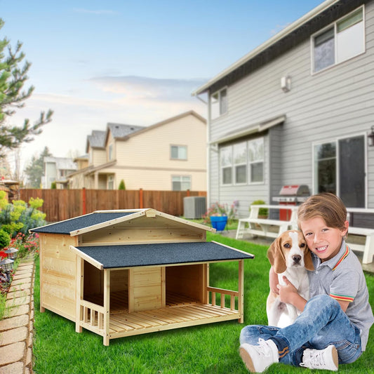 Large Outdoor Wooden Dog House – Weatherproof Double Kennel with Asphalt Roof & Covered Porch, Ideal for Medium to Large Breeds