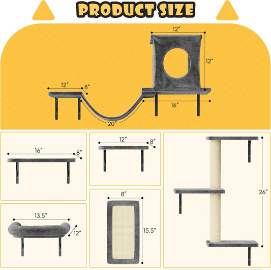 NUNU LAB Wall Mounted Cat Furniture, 6 Pcs Cat Wall Shelves with Condo House, Bridge, Steps, Scratcher, Hammock, Indoor Safe & Stable Furniture for Kittens Play, Dark Gray