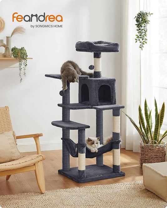 Feandrea Cat Tree, 56.3-Inch Cat Tower for Indoor Cats, Multi-Level Cat Condo with 4 Scratching Posts, 2 Perches, Hammock, Cave, Smoky Gray UPCT161G01
