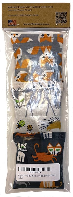 Organic Catnip Toys, Made with GOTS Certified Organic Fabric, Organic Catnip, Organic Thread, One package of 3 toys, Handmade in the USA
