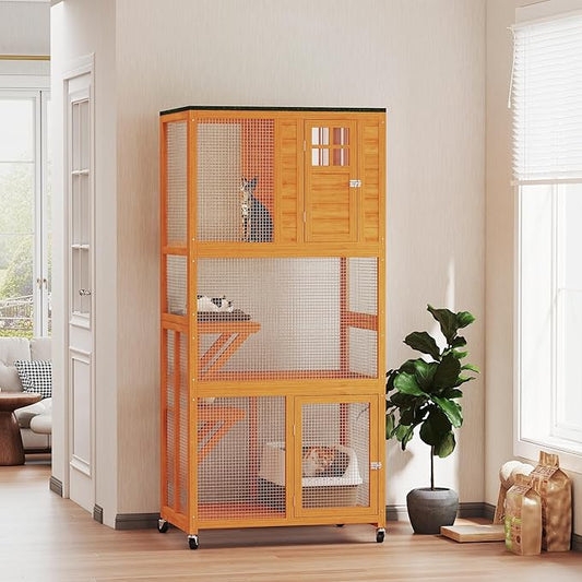 PawHut 74" Wooden Catio Outdoor Cat Enclosure Weatherproof & Wheeled, Outside Cat House with High Weight Capacity, Kitten Cage Condo, Orange