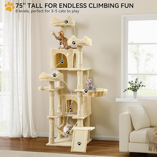 YITAHOME 75-Inch Tall Cat Tree Indoor: Multi-Level Kitten Tower with Kitty Condos, Top Perches, Sisal Ramp, Scratching Posts & Cozy Basket Hammocks Pet Play House Beige