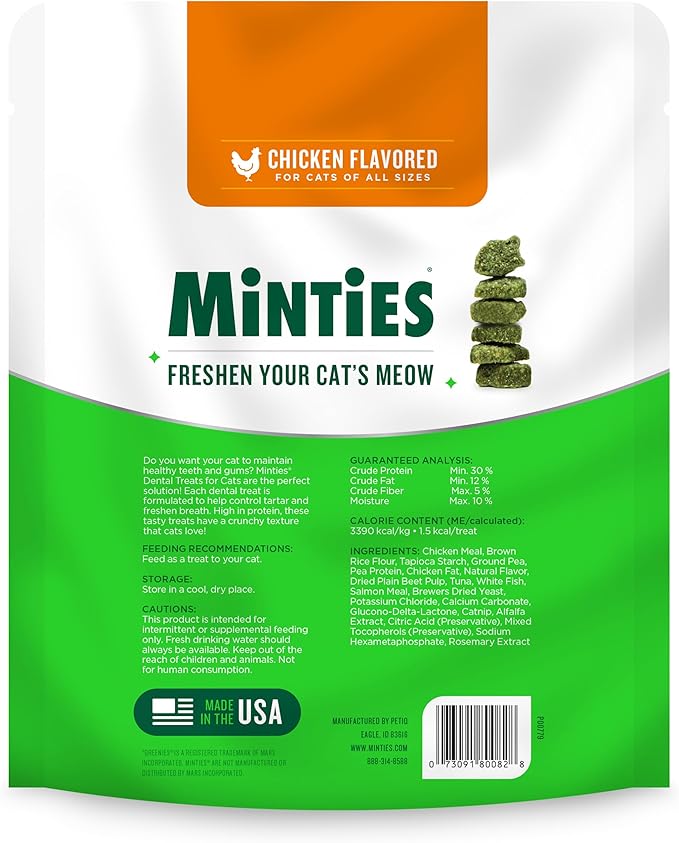 Minties Dental Treats for Cats, Chicken Flavored Treats for Cats, Freshens Breath and Controls Tartar, 10oz