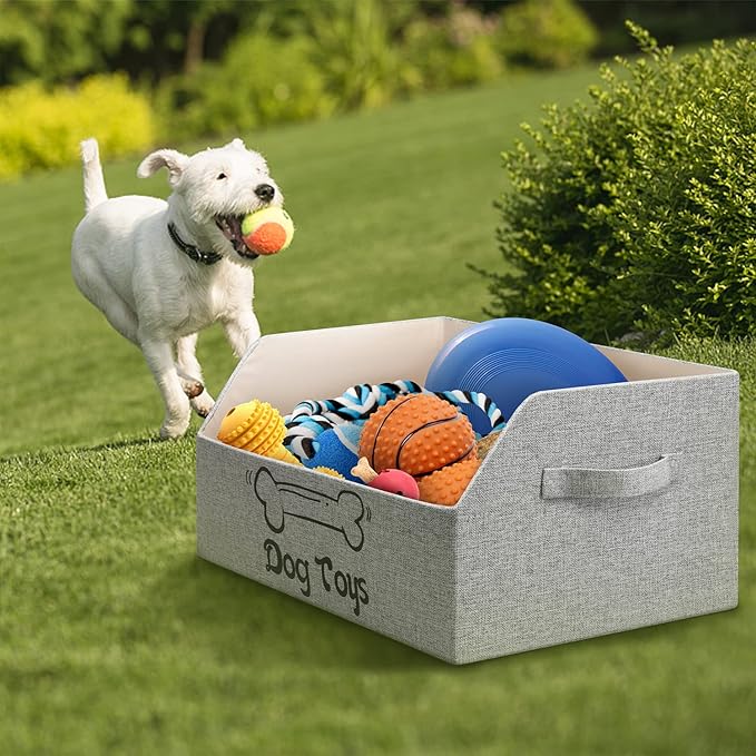 2X Thicker Large Dog Toy Collapsible Fabric Dog Toy Box and Storage Bin With Handle - Trapezoid Basket Chest Organizer for Pet Toys, Blankets and Accessories