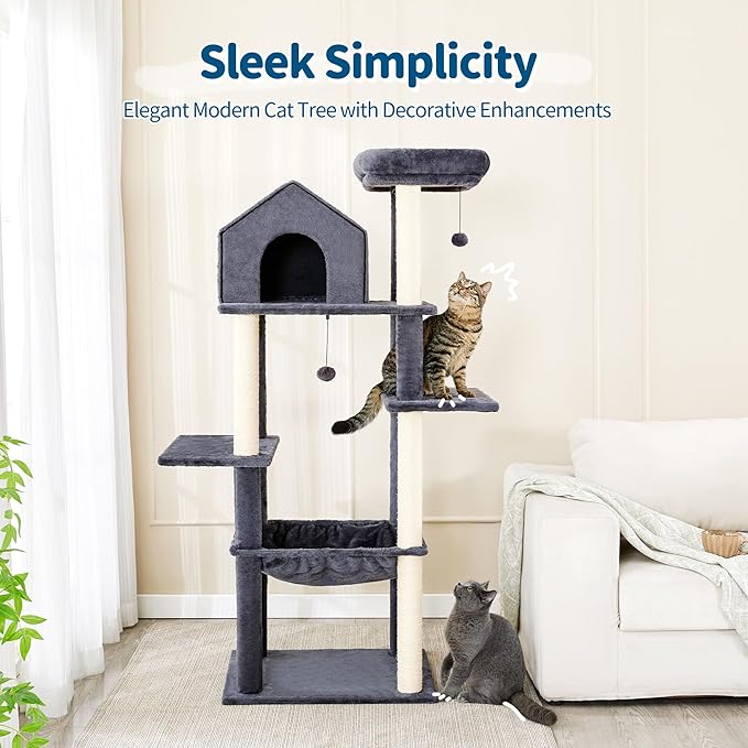 Made4Pets 60 inch Cat Tower for Indoor Cats, Multi-Level Cat Tree with Plush Hammock, Cozy Cat House, Scratching Posts, Top Perch, and 2 Hanging Balls