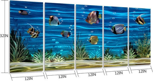 SYGALLERIER School Of Fish Metal Wall Art Handcrafted 3D Coastal Aluminum Artwork Modern Abstract Sea Styles Wall Accent in Blue Green Silver Color for Living Room Bedroom Bathroom Decor