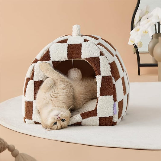 Lesure Cute Cat Beds for Indoor Cats - 2 in 1 Cat Cave Bed for Kittens and Small Pets, House with Removable Washable Cushioned Pillow, Cozy Tent House with Non-Slip Bottom, Brown, 16 inches