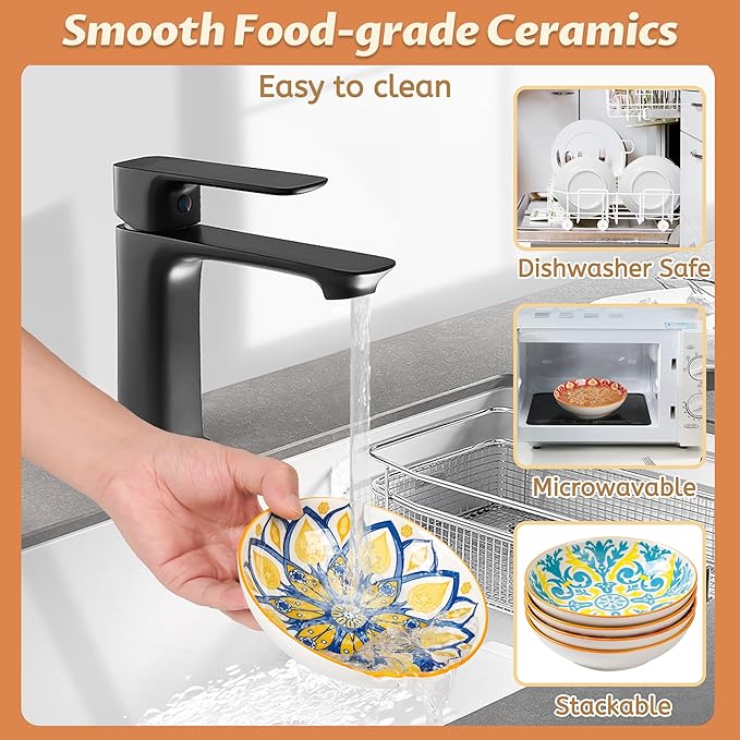 Cat Bowls, Ceramic Cat Food Bowl Set with Silicone Ring, Non-Slip Cats Dishes or Cute Plates for Feeding Indoor Cats, Kitten, Small Dogs (Bohemian-4 Pack, 5.5 Inches)