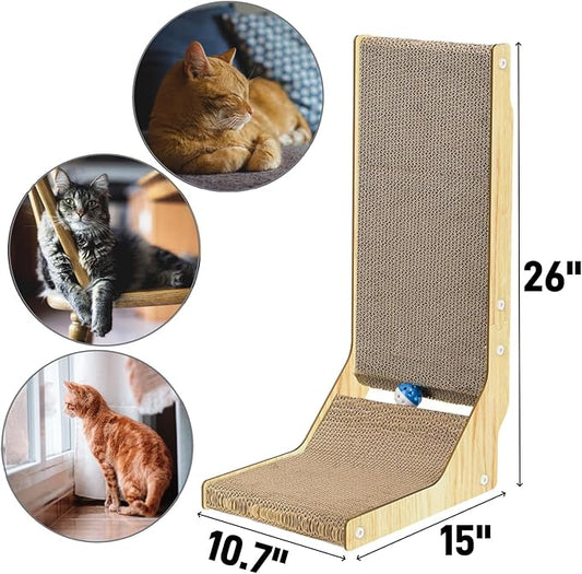 L Shape Cat Scratcher, 26 Inch Cat Scratch Pad, Cat Scratching Board with Built-in Ball Toy, Indoor Cats Cardboard Lounge Bed, Wall Mounted Cat Scratcher for Wall and Furniture Protection