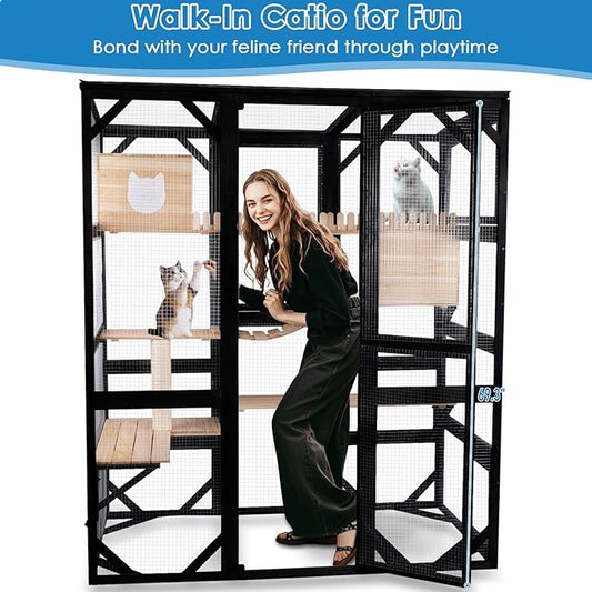 Large Catio Outdoor Cat Enclosure Window 73" H Walk-in Cat House Kitty Cage for Multiple Indoor Outdoor Cats Outside Patio with 5 Access Doors Waterproof Roof