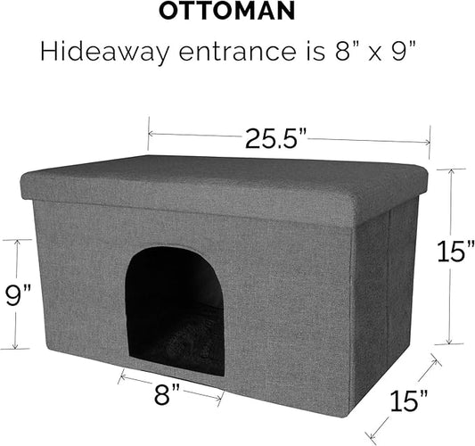 Furhaven Pet House for Indoor Cats & Medium/Small Dogs, Collapsible & Foldable w/ Plush Ball Toy - Living Room Ottoman Cat Condo - Stormy Gray, Large