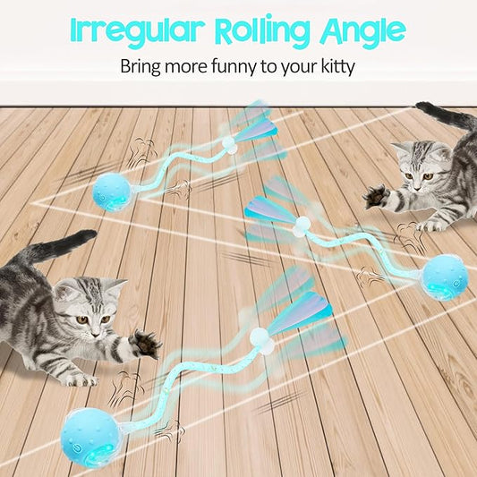 Interactive Cat Toys Ball for Indoor Cats, 2025 New Generation Automatic Moving Ball Toy with Elastic Mesh Tail, Chirping & Obstacle Avoidance and Motion Activated, Blue