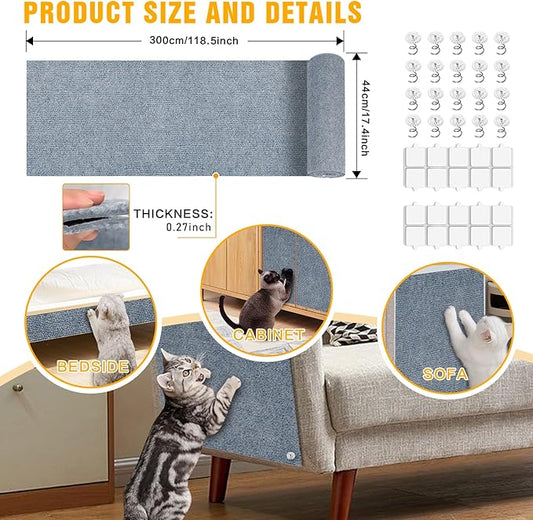 Cat Scratch Mat,118.5"x17.4" Trimmable Self-Adhesive Cat Scratch Furniture Protector, Sticky Cat Scratcher Wall Mat, Covering Cats Tower, Couch Protector from Cats Claws (Light Grey)