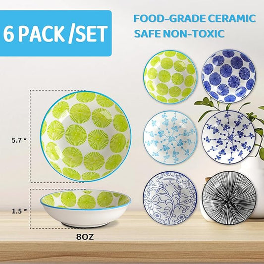 Ceramic Cat Bowls with Non-Slip Silicone Bottom,Prevent Whisker Fatigue,Reduce Mess,Wide Cat Bowls for Indoor Cats,6 Colorful Set for Daily Feeding Gift Choice