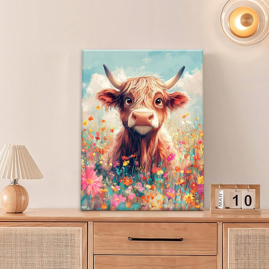 Highland Cow Wall Art Canvas Flower Cattle Wall Decor Prints Framed Painting Animal Pictures Gifts Artwork for Bathroom Living Dining Kitchen 16"x20"