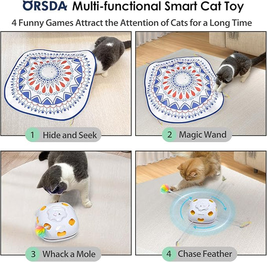 ORSDA Cat Toys, 4 in 1 Interactive Cat Toys for Indoor Kitten, Automatic Electric Enrichment Hide and Seek, Chase The Feather, 8 Holes Mice Whack-A-Mole, Catch Magic Wand