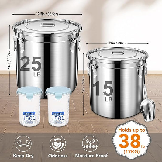 Dog Food Storage Containers, Large Stainless Steel Pet Food Storage Containers 38 lb / 17 kg to Keep Fresh, Metal Airtight Cat Food Containers With Scoop and 2 Small Containers