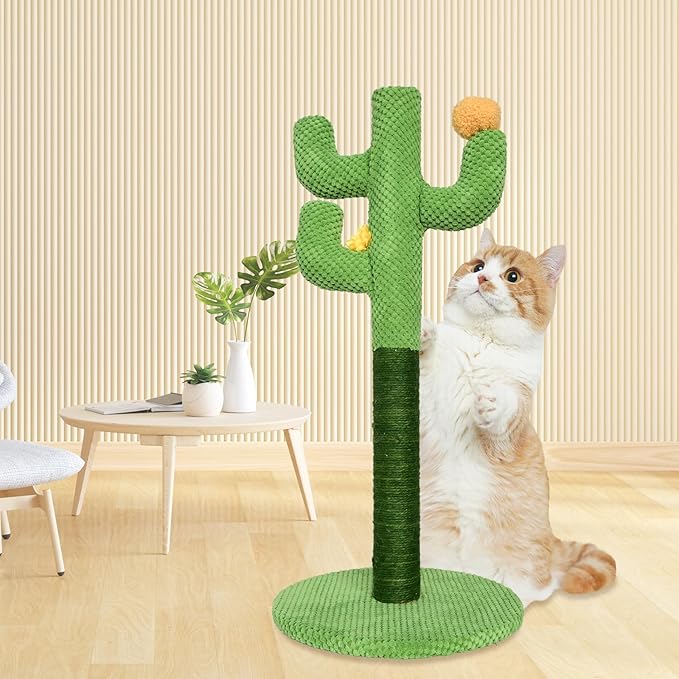 Kitten Cat Scratch Post - 25'' Cactus Scratching Posts with Sisal Cats Claw Scratcher Scratching Posts for Indoor Cats Adults,Vertical Green Cat Tree with Flower for Kitten