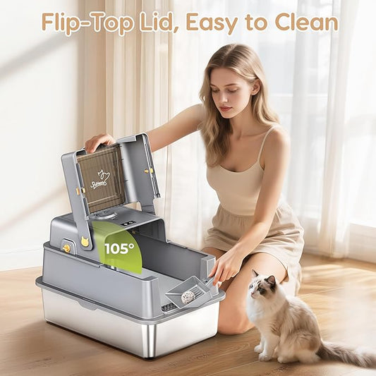 L7 Ultra-Stainless Steel Litter Box with Smart Odor Control System, XXL Extra Large Enclosed Metal Cat Litter Box with Lid for Kitty&Big Cats, High Sided Enclosure with Scoop & Mat, Anti-Leakage-Grey