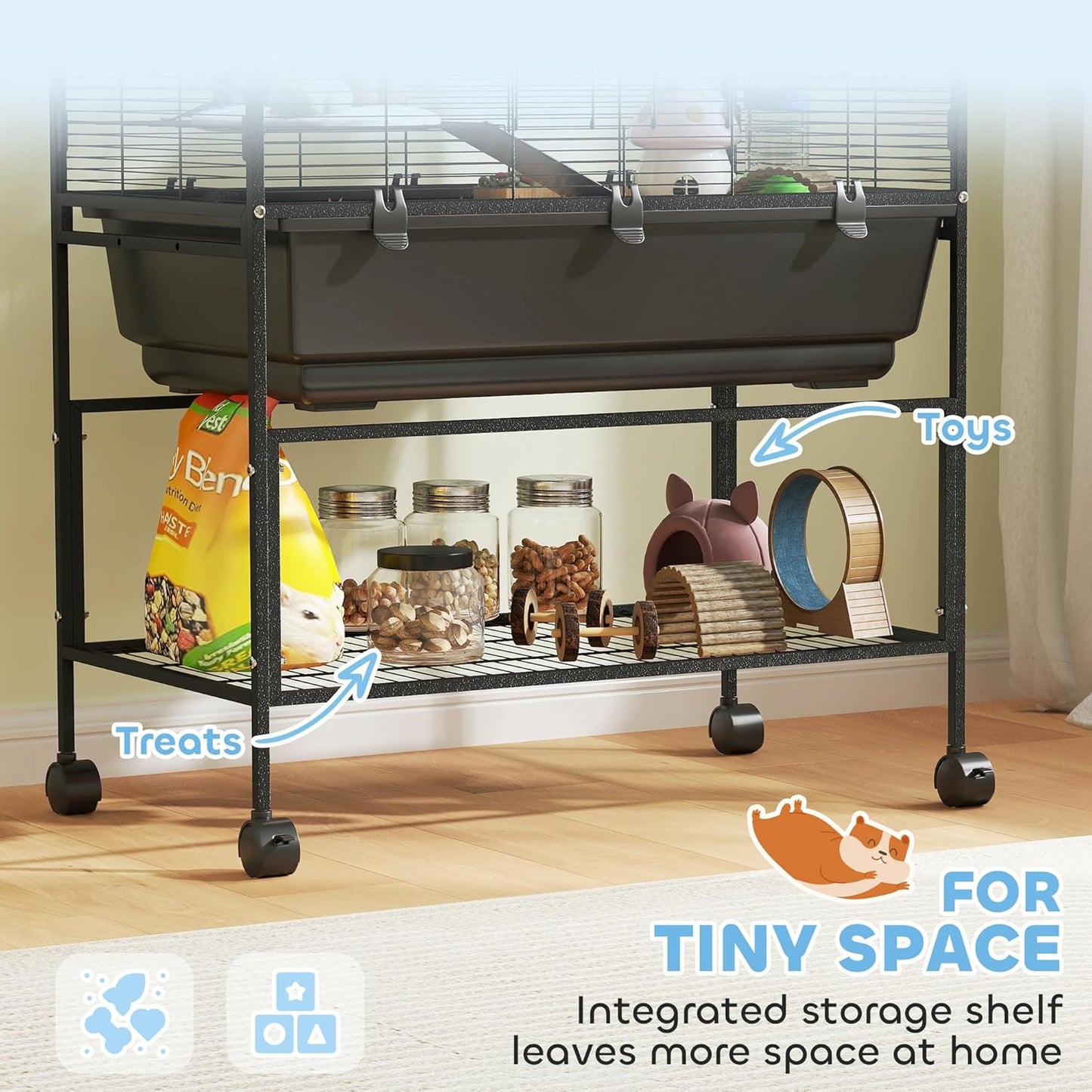 PawHut Hamster Cage with Deep Tray, 3 Tier Rolling Rat Cage with Storage Shelf, Big Exercise Wheel, Tube System, Hut, Platforms, Ramps, Food Dish, Water Bottle, for Syrian, Gerbil, Mouse