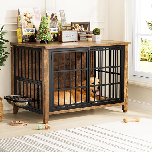Lulive Wooden Dog Crate Furniture, Large Dog Kennel Indoor with 360°& Adjustable Raised Dog Bowls, Double Doors Furniture Dog Crates End Table for Large/Medium Dogs 37.8" L*23.6" W*27" H, Brown