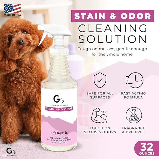 G's Cleaning Biodegradable Stain & Odor Remover Spray – 32 oz Pet Urine Enzyme Cleaner – Pet Odor Eliminator for Home – Cat & Dog Pee Carpet Cleaner – Stain Remover for Rug, Floor, Furniture, Mattress