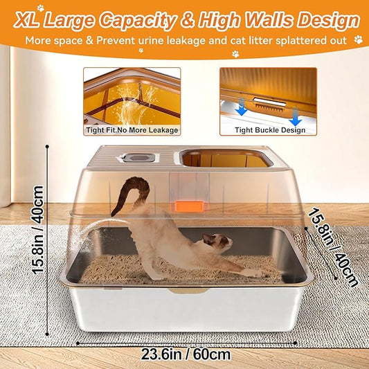 Stainless Steel Cat Litter Box with Lid, XXL Extra Large Enclosed Litter Box for Big Cats High Sided Metal with Removable Lid & Scoop, Front &Top Entry Odor Free, Anti-Leakage, Easy Cleaning